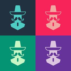 Poster - Pop art Mexican man wearing sombrero icon isolated on color background. Hispanic man with a mustache. Vector