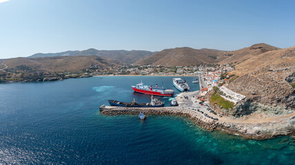 Wall Mural - Kea, Tzia island, Cyclades, Greece. Aerial drone view of Korissia port.