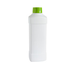 White bottle with green plastic cap on background.