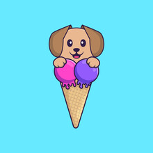 Cute Dog With Sweet Ice Cream. Animal Cartoon Concept Isolated. Can Used For T-shirt, Greeting Card, Invitation Card Or Mascot. Flat Cartoon Style