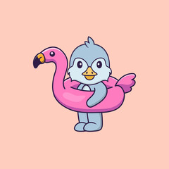 Cute bird With flamingo buoy. Animal cartoon concept isolated. Can used for t-shirt, greeting card, invitation card or mascot. Flat Cartoon Style