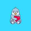 © Turn - Cute bird holding a big red heart. Animal cartoon concept isolated. Can used for t-shirt, greeting card, invitation card or mascot. Flat Cartoon Style