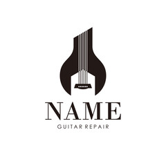 wrench with guitar strings for guitar repair logo design