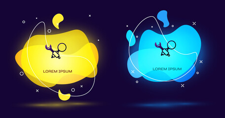 Black Debugging icon isolated on black background. Debugging tool. Magnifying glass on bug programming. Testing and setting software. Abstract banner with liquid shapes. Vector