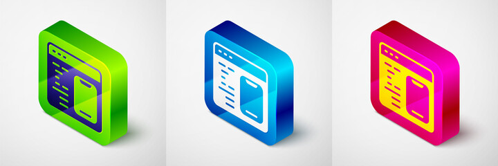 Isometric Software, web developer programming code icon isolated on grey background. Javascript computer script random parts of program code. Square button. Vector