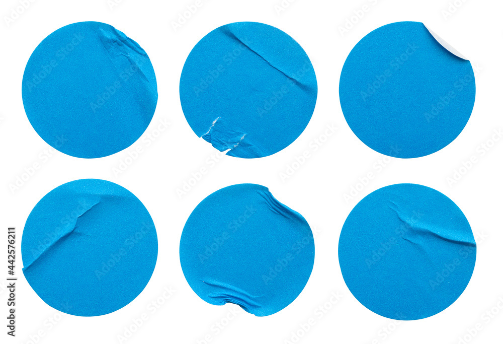 Blank blue round adhesive paper sticker label set collection isolated on white background - obrazy, fototapety, plakaty 
