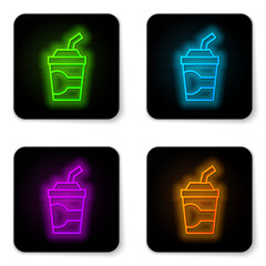 Sticker - Glowing neon line Paper glass with drinking straw and water icon isolated on white background. Soda drink glass. Fresh cold beverage symbol. Black square button. Vector