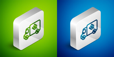 Poster - Isometric line Flour truck icon isolated on green and blue background. Silver square button. Vector