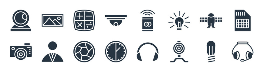 Wall Mural - technology filled icons. glyph vector icons such as customer service headset, pitching machine, half hour, vintage digital camera, solar plane, mathematical operations, wireless gadget, panoramic