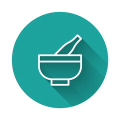 Poster - White line Mortar and pestle icon isolated with long shadow background. Green circle button. Vector