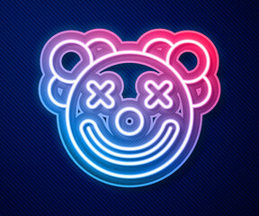 Sticker - Glowing neon line Clown head icon isolated on blue background. Vector