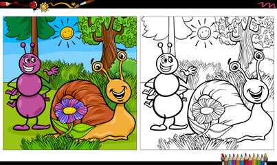 cartoon ant and snail characters coloring book page