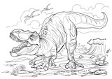 Fototapeta Dinusie - Tyrannosaurus. Dinosaur coloring page for children and adults, hand drawn illustration. A4 size. Design for wallpapers, packaging, postcards and posters. Black and white. Wild nature