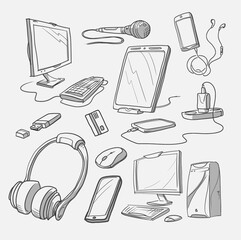 Set of hand drawn GADGET icons with notebook, phone, photo camera, tablet, pc, flash card, headphones, computer, lmonitor and other. Sketch.