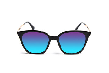 Canvas Print - Fashionable sunglasses with bright blue lenses on white background