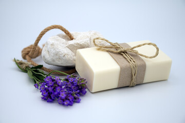 Soap made from natural ingredients, bunch of lavender and pumice stone