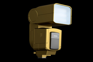 Camera external gold flash speedlight isolated on black background.