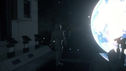Wall Mural - alone astronaut in futuristic spaceship. cinematic 4k footage