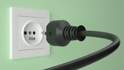 Electrical outlet with plug on green background, 3d illustration