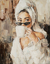The Girl In Black Glasses And A White Robe. A Towel Is Tied On Her Head. A Woman Is Drinking Coffee. Oil Painting On Canvas.