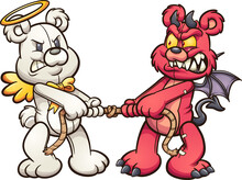 Angel And Devil Teddy Bears In A Tug Of War. Vector Clip Art Illustration With Simple Gradients. All On A Single Layer.
