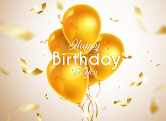 Birthday balloons vector banner design. Happy birthday to you text in gold balloon and confetti background with blurred effects for birth day celebration greeting card. Vector illustration
