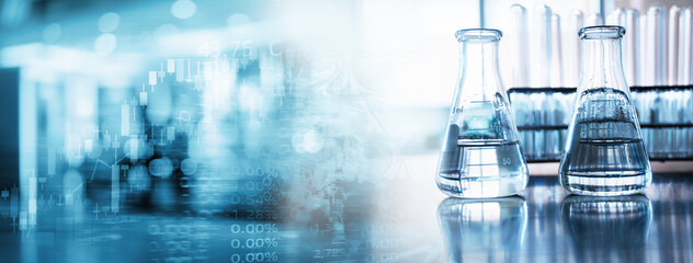 Wall Mural - water in glass flask and test tube in soft information and blue light medical science laboratory ban