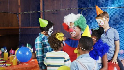 Poster - Animation of confetti falling over clown and children having fun at party