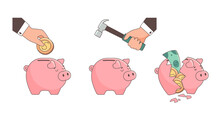 Piggy bank, vector illustration set. The piggy bank is filled with money, smashed, it is broken, there is a coins inside. Flat style. Isolated icons of finance against white background.