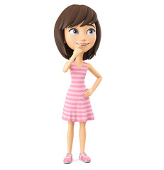 Sticker - Cartoon character girl in a pink striped dress thoughtful. 3d render.