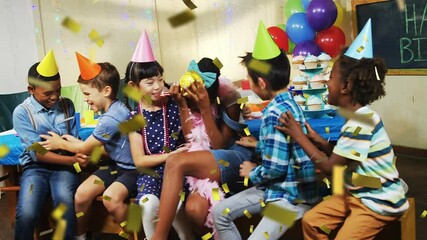 Poster - Animation of gold confetti over diverse happy children having fun at party with hats and balloons