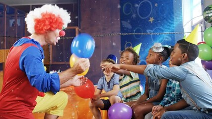 Poster - Animation of white confetti over diverse happy children and clown playing with balloons at party