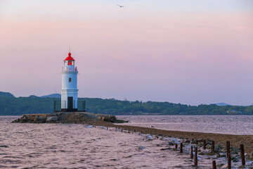 Wall Mural - Tokarevsky lighthouse in Vladivostok. Landmark of the sea city old Tokarevsky lighthouse on the background of the summer sea.