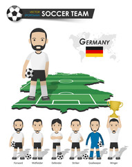 Aufkleber - Germany national soccer cup team . Football player with sports jersey stand on perspective field country map and world map . Set of footballer positions . Cartoon character flat design . Vector .