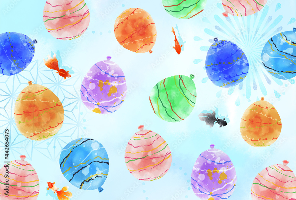 涼しい夏祭りのヨーヨー水風船と金魚の手描き水彩イメージ の Stock