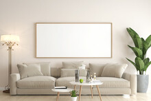 3D Living Room And Sofa With Blank Photo Frame
