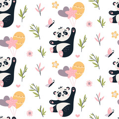  Panda Seamless pattern Cute baby bear vector background