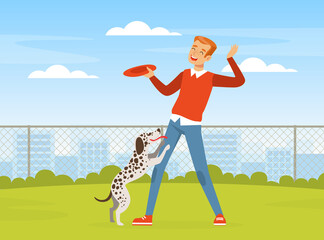 Sticker - Laughing Man Pet Owner Playing Frisbee with His Dog on Green Lawn Vector Illustration