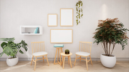 Living room with chair and wall frame.