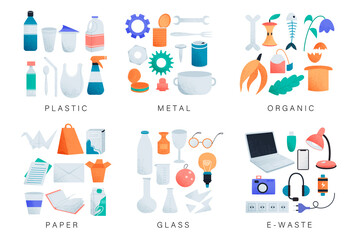 Examples of waste elements collection. Garbage sorting isolated set. Different types of recycled trash in cartoon design.