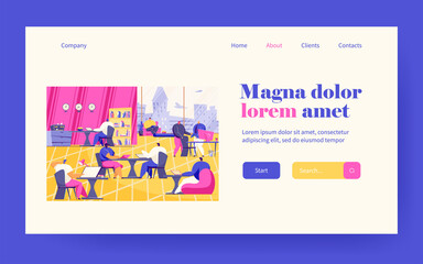  Team of people with computers sharing working space. Office workers at workplace flat vector illustration. Coworking space, business meeting concept for banner, website design or landing web page