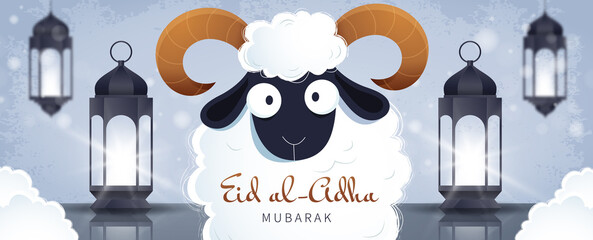 Wall Mural - Muslim holiday Eid al-Adha. Eid Mubarak horizontal greeting banner with cartoon white ram and  realistic old arabic lamps lanterns.