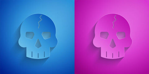 Poster - Paper cut Skull icon isolated on blue and purple background. Pirate captain. Happy Halloween party. Paper art style. Vector