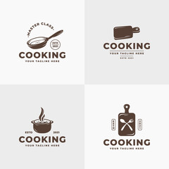 set of cooking class logo, kitchenware icon symbol label element collection with minimal vintage silhouette style, can also for restaurant logo emblem, eatery, spot, inn, cafe, bistro, food stalls