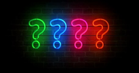 Wall Mural - Question mark neon symbol on brick wall. Light color bulbs with quiz sign. Loopable and seamless abstract concept animation.