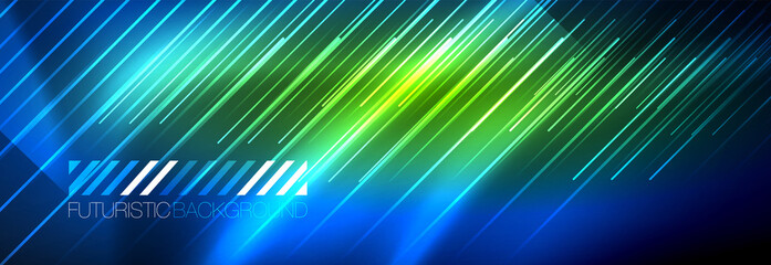 Neon glowing lines, magic energy and light motion background. Vector wallpaper template