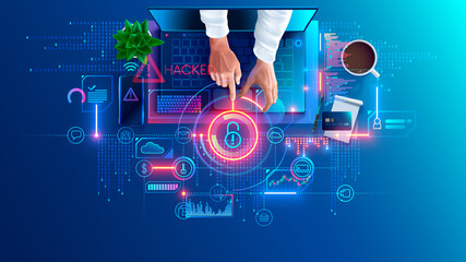 Fototapete - Hacked laptop by a hacker. Hacker hacking computer, broke password and attack internet security system. Phishing scam. Cyber criminal gets access to personal data, banking. Computer hack concept.