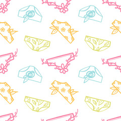 Wall Mural - Cute and colorful outlined doodle panties, women’s underwear with flowers and leaves vector seamless pattern background.