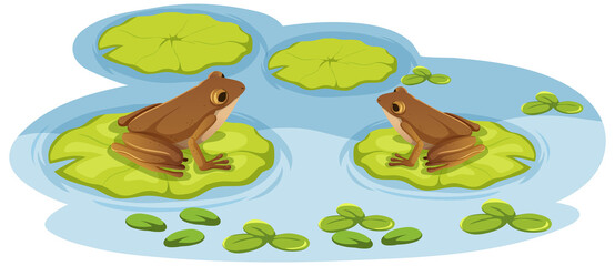 Poster - Two frogs on lotus leaves in the water