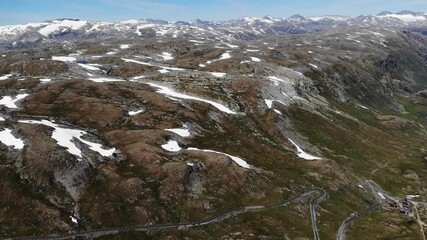 Canvas Print - Summer mountains landscape with snow and lakes. National tourist scenic route 55 Sognefjellet in Norway. Aerial view